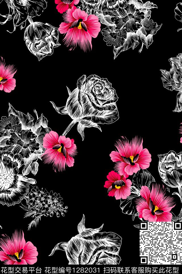 花卉手绘黑底花卉数码印花华亿平台下载（图片编号: 1282031） - 瓦栏（Walan）