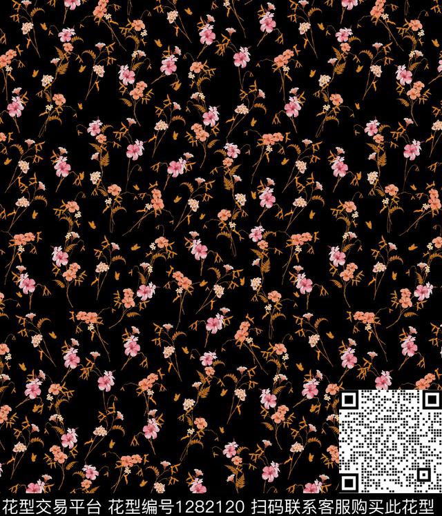 黑底花卉女装木槿花数码印花华亿平台下载（图片编号: 1282120） - 瓦栏（Walan）