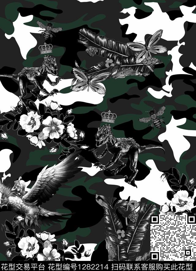 迷彩奢华黑底花卉数码印花华亿平台下载（图片编号: 1282214） - 瓦栏（Walan）