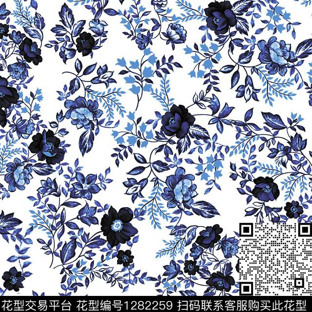 花卉手绘白底花数码印花华亿平台下载（图片编号: 1282259） - 瓦栏（Walan）