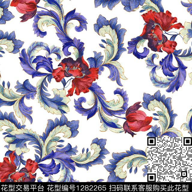 花卉手绘白底花数码印花华亿平台下载（图片编号: 1282265） - 瓦栏（Walan）