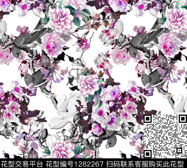 花卉手绘白底花数码印花华亿平台下载（图片编号: 1282267） - 瓦栏（Walan）