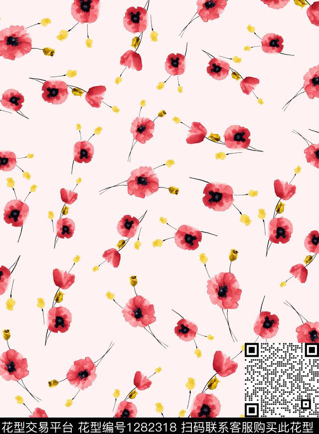 小碎花watercolorpoppy数码印花华亿平台下载（图片编号: 1282318） - 瓦栏（Walan）