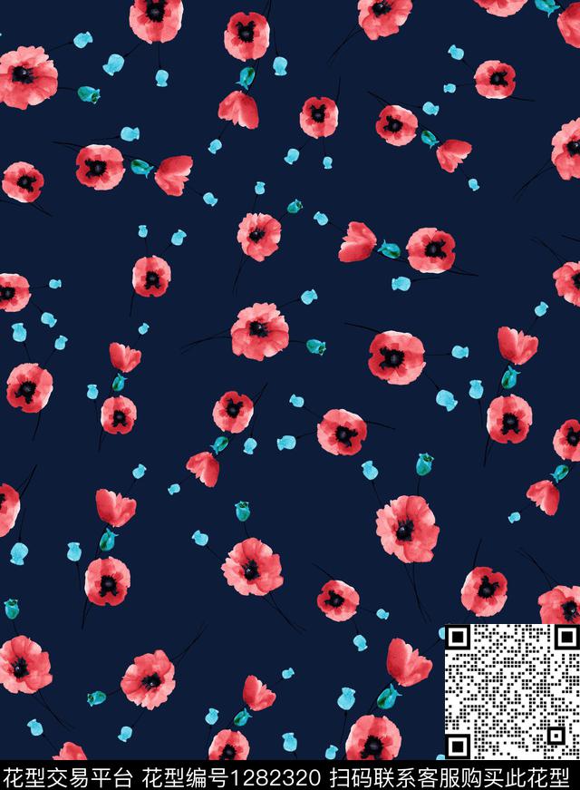 小碎花watercolorpoppy数码印花华亿平台下载（图片编号: 1282320） - 瓦栏（Walan）