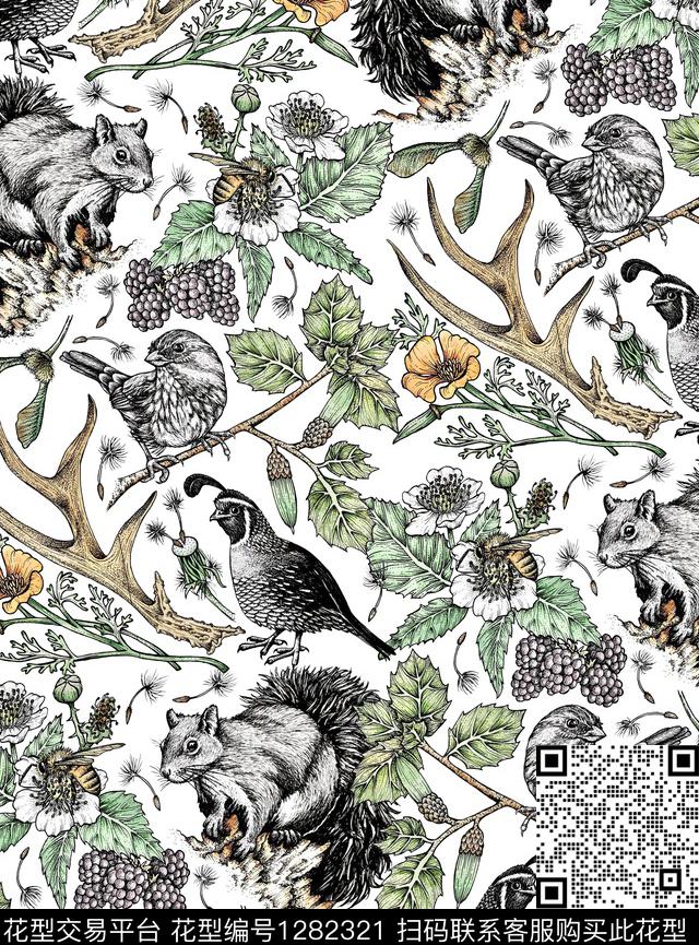 松鼠藤蔓绿植树叶数码印花华亿平台下载（图片编号: 1282321） - 瓦栏（Walan）