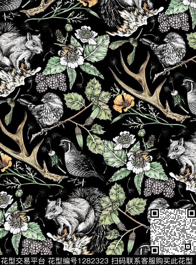 松鼠藤蔓绿植树叶数码印花华亿平台下载（图片编号: 1282323） - 瓦栏（Walan）