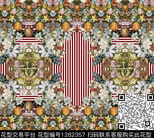 复古花卉条纹数码印花华亿平台下载（图片编号: 1282357） - 瓦栏（Walan）