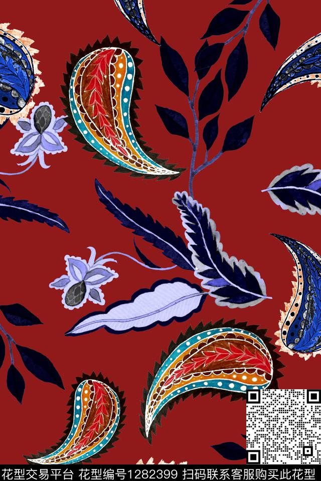 佩斯利手绘花卉手绘叶子数码印花华亿平台下载（图片编号: 1282399） - 瓦栏（Walan）