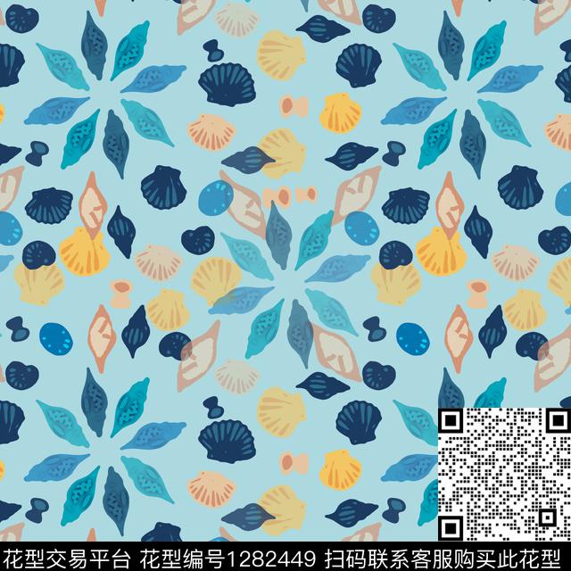 贝壳印花热带海滨度假海底宝藏数码印花华亿平台下载（图片编号: 1282449） - 瓦栏（Walan）