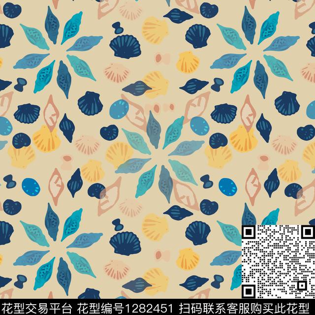 贝壳印花热带海滨度假海底宝藏数码印花华亿平台下载（图片编号: 1282451） - 瓦栏（Walan）