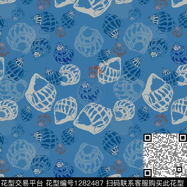 贝壳印花热带海滨度假海底宝藏数码印花华亿平台下载（图片编号: 1282487） - 瓦栏（Walan）
