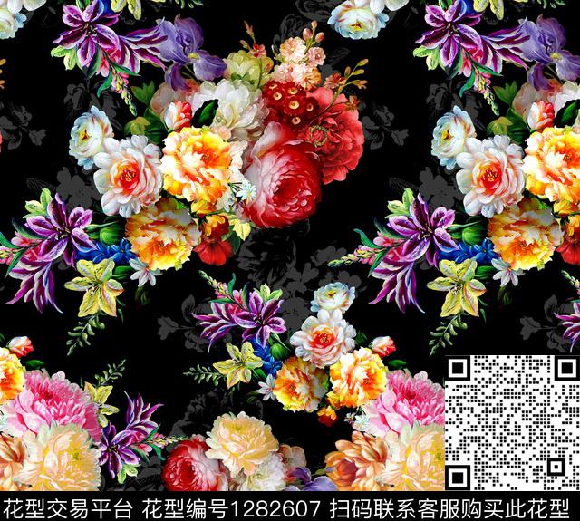 水彩花卉黑底花卉数码印花华亿平台下载（图片编号: 1282607） - 瓦栏（Walan）