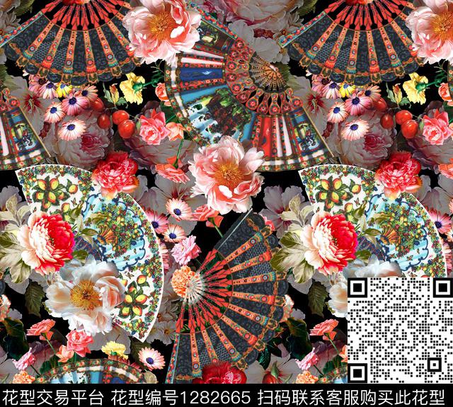 花卉扇子黑底花卉数码印花华亿平台下载（图片编号: 1282665） - 瓦栏（Walan）