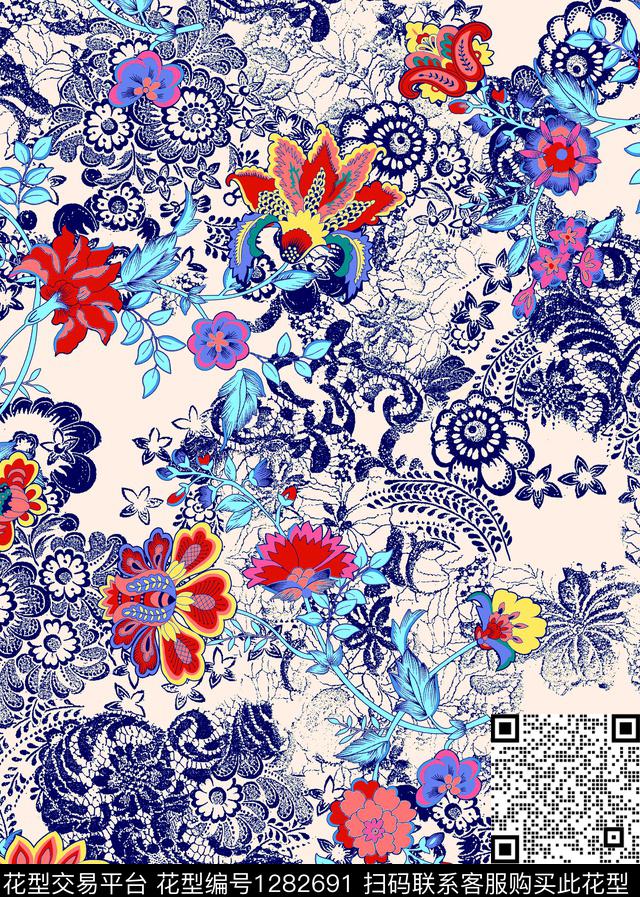 民族风定位花香云纱数码印花华亿平台下载（图片编号: 1282691） - 瓦栏（Walan）
