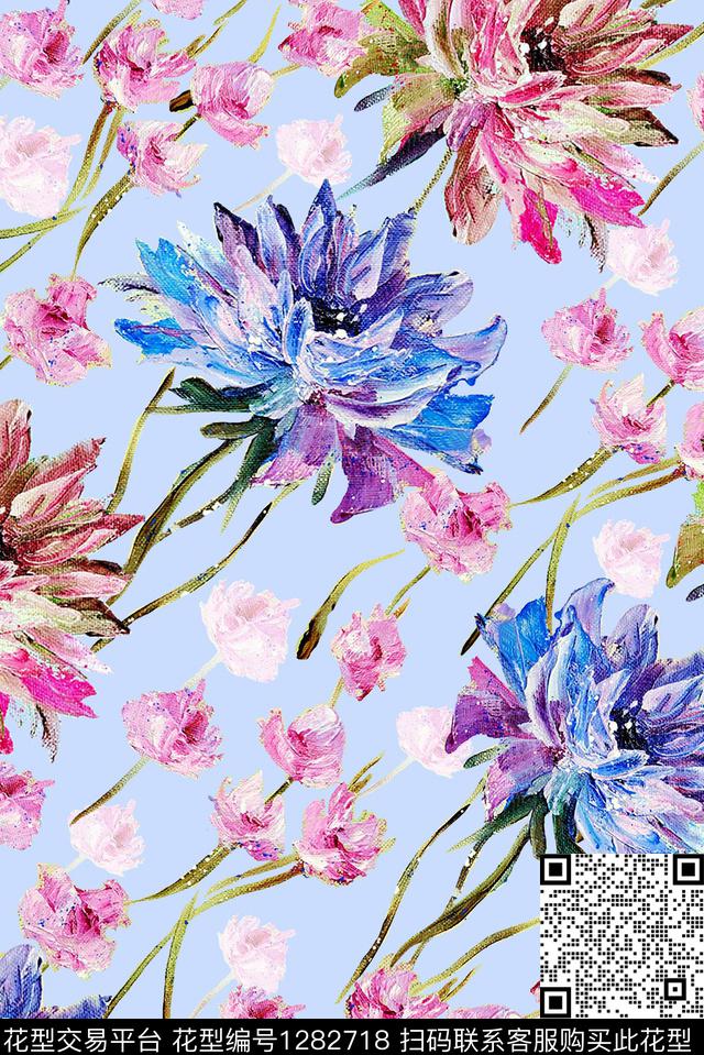 春夏华亿平台手绘花卉洋阳---花卉数码印花华亿平台下载（图片编号: 1282718） - 瓦栏（Walan）