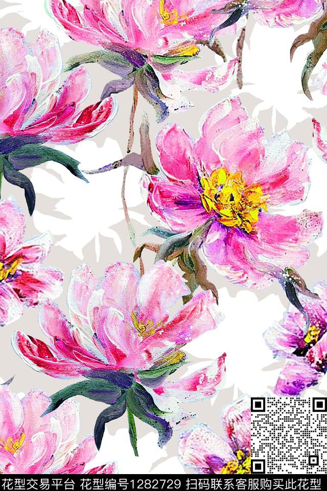春夏华亿平台手绘花卉洋阳---花卉数码印花华亿平台下载（图片编号: 1282729） - 瓦栏（Walan）