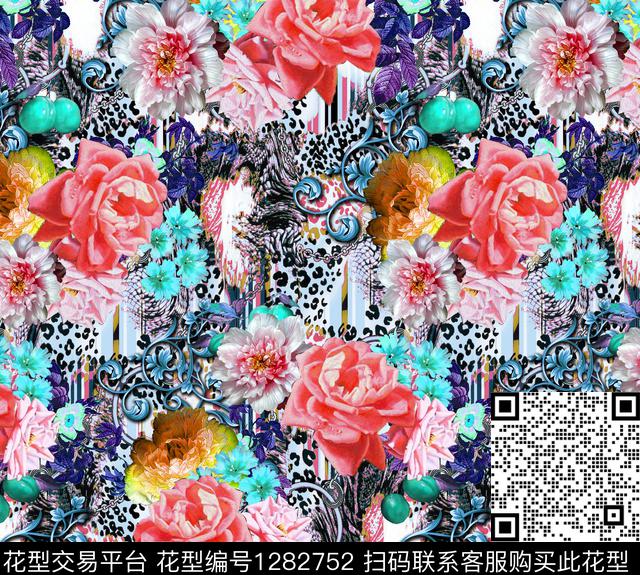 豹纹花卉链子数码印花华亿平台下载（图片编号: 1282752） - 瓦栏（Walan）