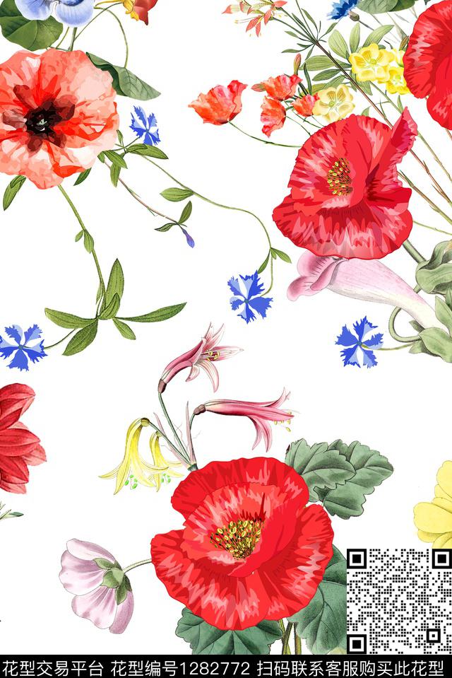 花卉红花叶子白底花数码印花华亿平台下载（图片编号: 1282772） - 瓦栏（Walan）