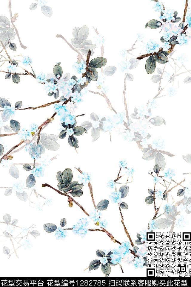 花卉白底花阴影数码印花华亿平台下载（图片编号: 1282785） - 瓦栏（Walan）