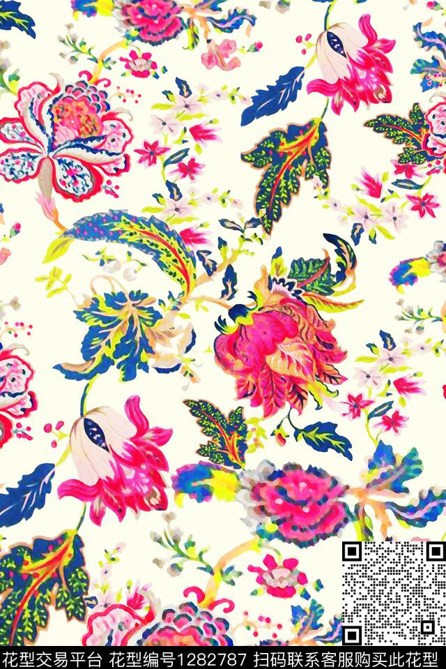 水彩花卉米色底数码印花华亿平台下载（图片编号: 1282787） - 瓦栏（Walan）