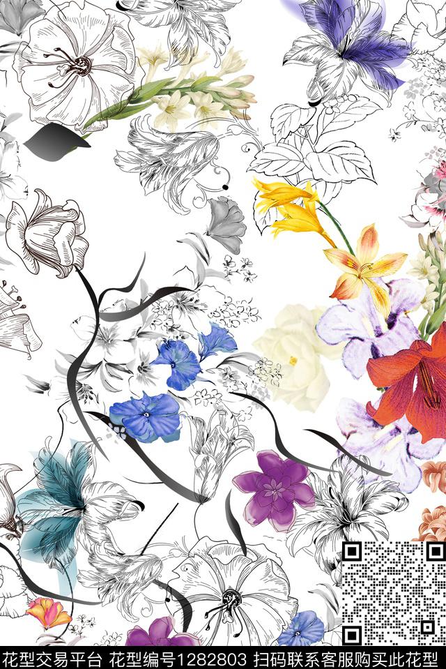 花卉素描白底花数码印花华亿平台下载（图片编号: 1282803） - 瓦栏（Walan）