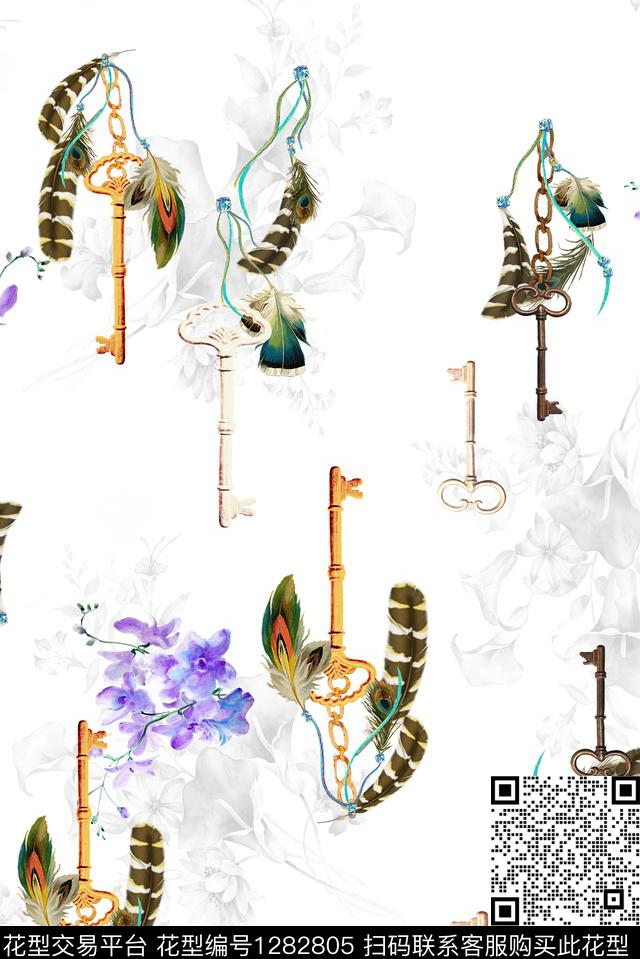 钥匙羽毛花卉数码印花华亿平台下载（图片编号: 1282805） - 瓦栏（Walan）