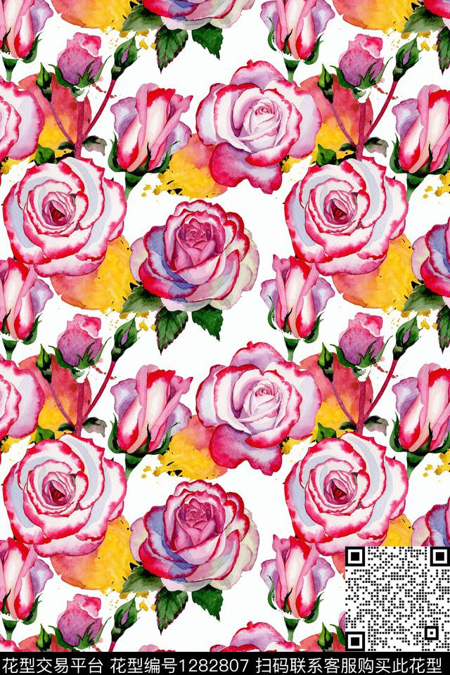 玫瑰花水彩花卉数码印花华亿平台下载（图片编号: 1282807） - 瓦栏（Walan）