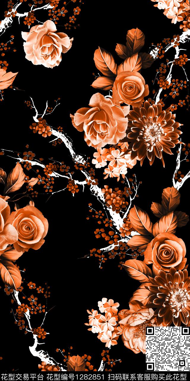 黑底花卉花卉抽象数码印花华亿平台下载（图片编号: 1282851） - 瓦栏（Walan）