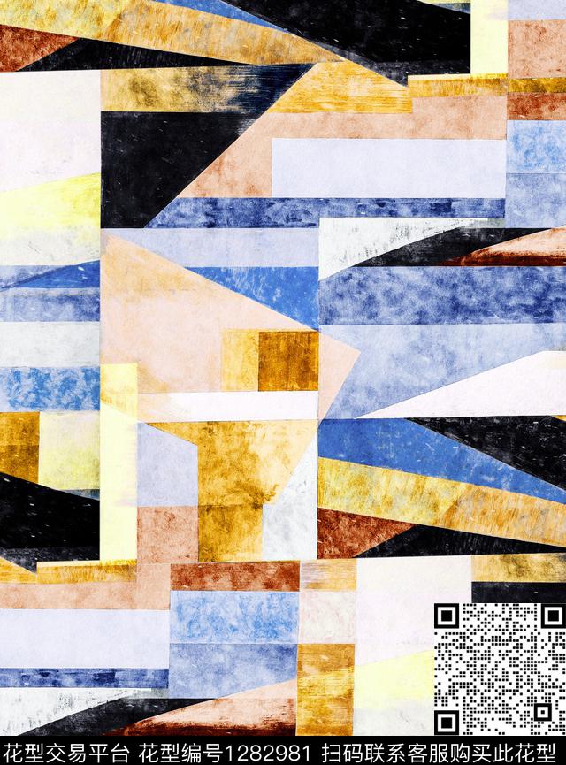 抽象花卉大牌风手绘几何数码印花华亿平台下载（图片编号: 1282981） - 瓦栏（Walan）