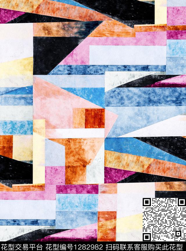 抽象花卉大牌风手绘几何数码印花华亿平台下载（图片编号: 1282982） - 瓦栏（Walan）