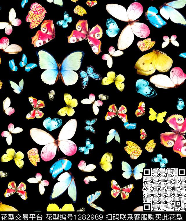 黑底花卉大牌风蝴蝶数码印花华亿平台下载（图片编号: 1282989） - 瓦栏（Walan）