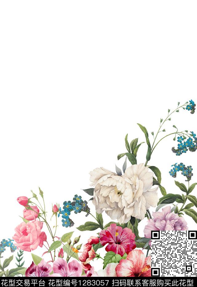 花卉白底花定位花数码印花华亿平台下载（图片编号: 1283057） - 瓦栏（Walan）