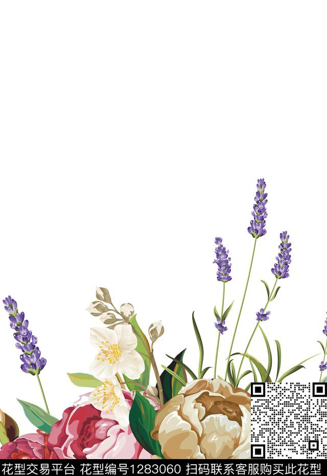 花卉白底花定位花数码印花华亿平台下载（图片编号: 1283060） - 瓦栏（Walan）