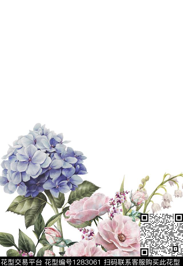 花卉白底花定位花数码印花华亿平台下载（图片编号: 1283061） - 瓦栏（Walan）
