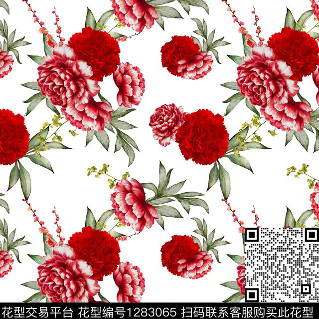 花卉红花白底花数码印花华亿平台下载（图片编号: 1283065） - 瓦栏（Walan）