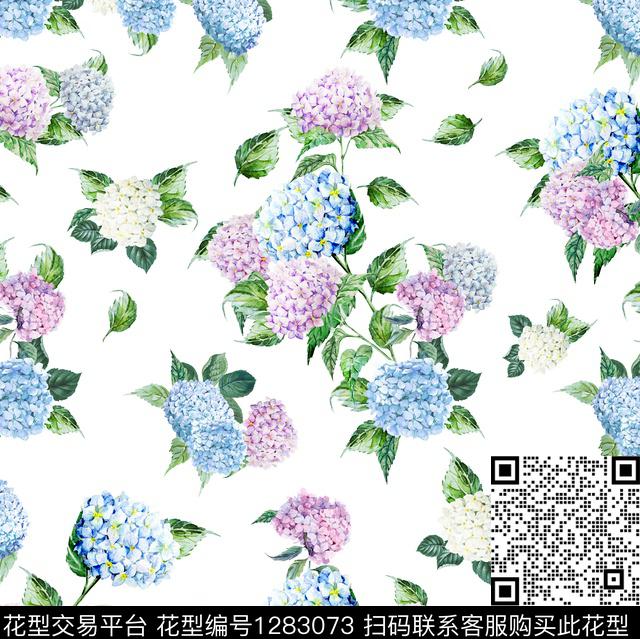 花卉绣球花白底花数码印花华亿平台下载（图片编号: 1283073） - 瓦栏（Walan）