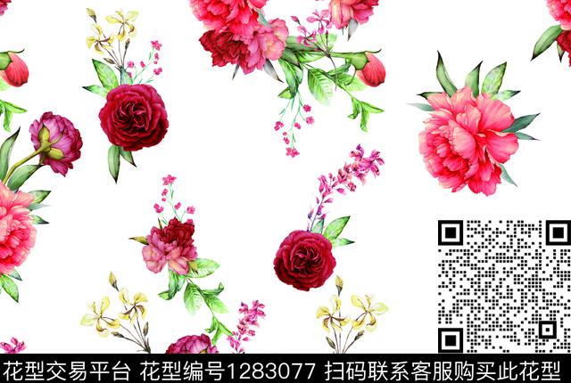 花卉红花绿叶白底花数码印花华亿平台下载（图片编号: 1283077） - 瓦栏（Walan）