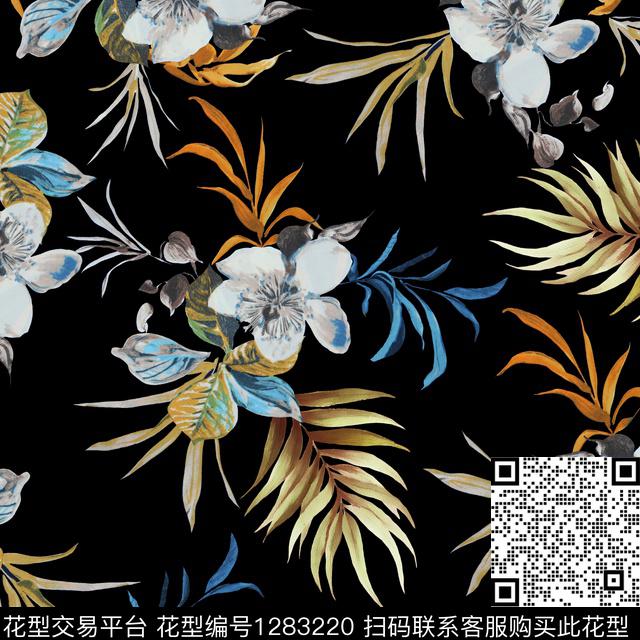花卉黑底花卉热带华亿平台数码印花华亿平台下载（图片编号: 1283220） - 瓦栏（Walan）