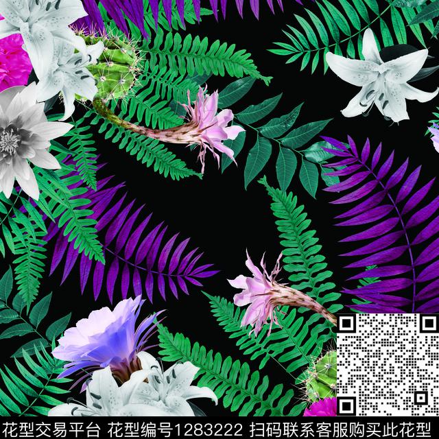 花卉热带华亿平台黑底花卉数码印花华亿平台下载（图片编号: 1283222） - 瓦栏（Walan）