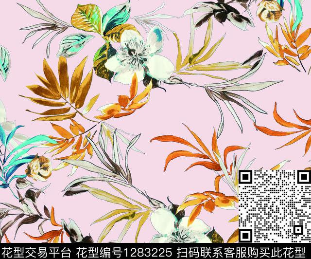 花卉手绘粉底数码印花华亿平台下载（图片编号: 1283225） - 瓦栏（Walan）