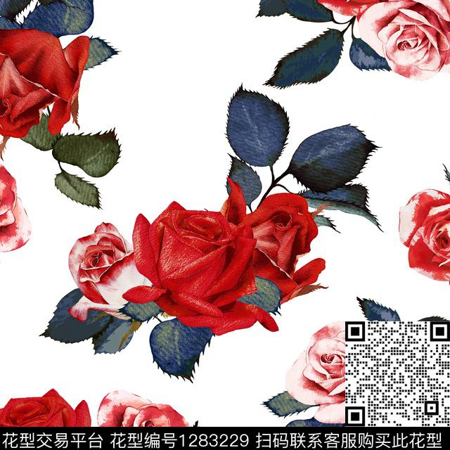 花卉玫瑰花白底花数码印花华亿平台下载（图片编号: 1283229） - 瓦栏（Walan）
