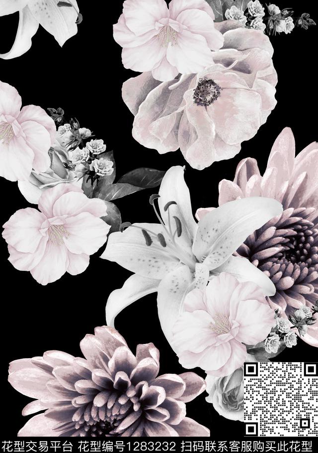 花卉百合黑底花卉数码印花华亿平台下载（图片编号: 1283232） - 瓦栏（Walan）