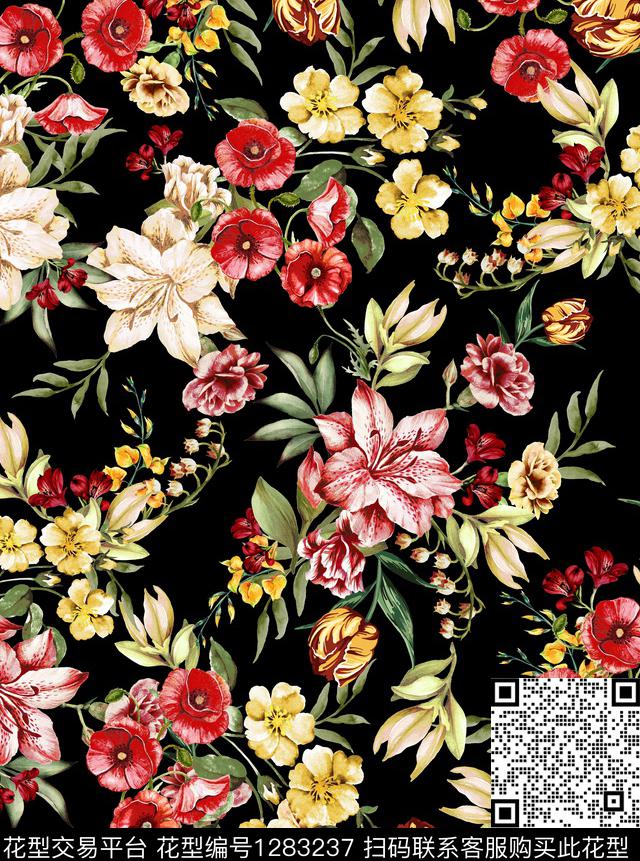 花卉小碎花黑底花卉数码印花华亿平台下载（图片编号: 1283237） - 瓦栏（Walan）