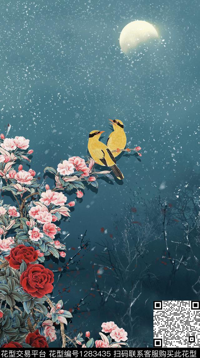 鸟茶花中国风定位花数码印花华亿平台下载（图片编号: 1283435） - 瓦栏（Walan）