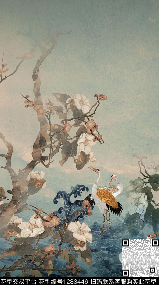 仙鹤中国风定位花复古旗袍华亿平台数码印花华亿平台下载（图片编号: 1283446） - 瓦栏（Walan）
