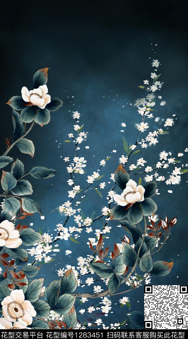 中国风定位花真丝复古旗袍华亿平台数码印花华亿平台下载（图片编号: 1283451） - 瓦栏（Walan）