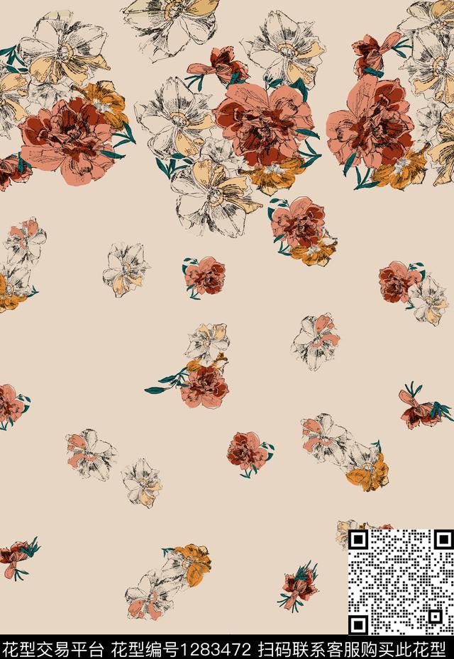 花卉条纹米色数码印花华亿平台下载（图片编号: 1283472） - 瓦栏（Walan）