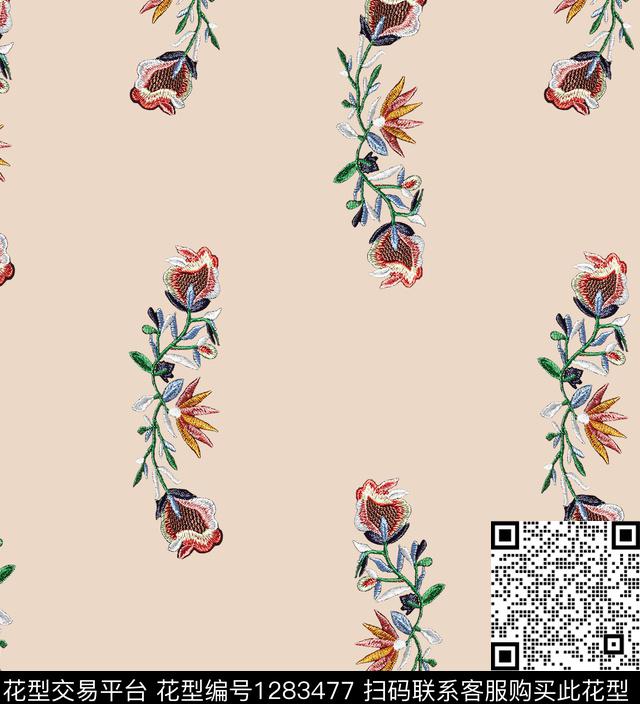 花卉绣花华亿平台米色底数码印花华亿平台下载（图片编号: 1283477） - 瓦栏（Walan）