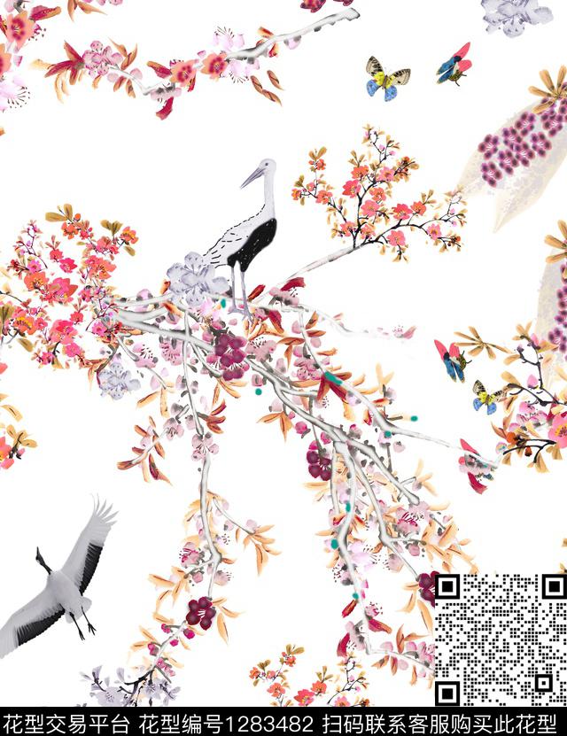 水彩花卉仙鹤数码印花华亿平台下载（图片编号: 1283482） - 瓦栏（Walan）
