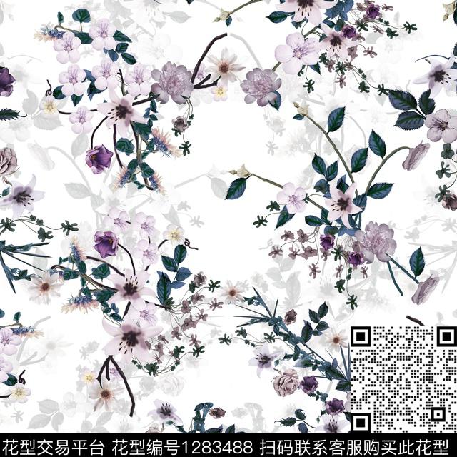 花卉白底花阴影数码印花华亿平台下载（图片编号: 1283488） - 瓦栏（Walan）
